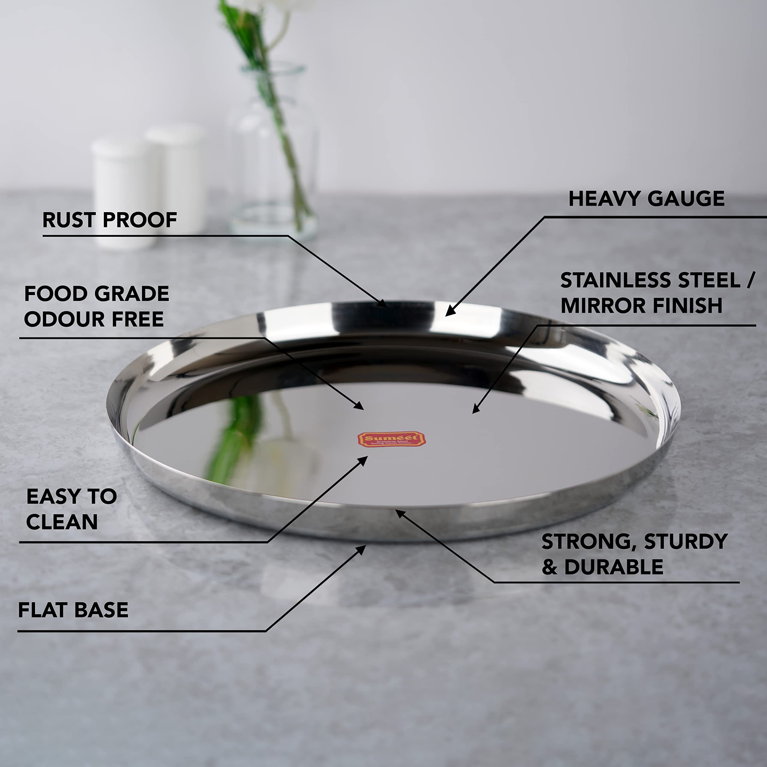 Sumeet Stainless-Steel Apple Shape Heavy Gauge Dinner Plates with Mirror Finish-34.6cm Dia, Set of 4pc, Silver